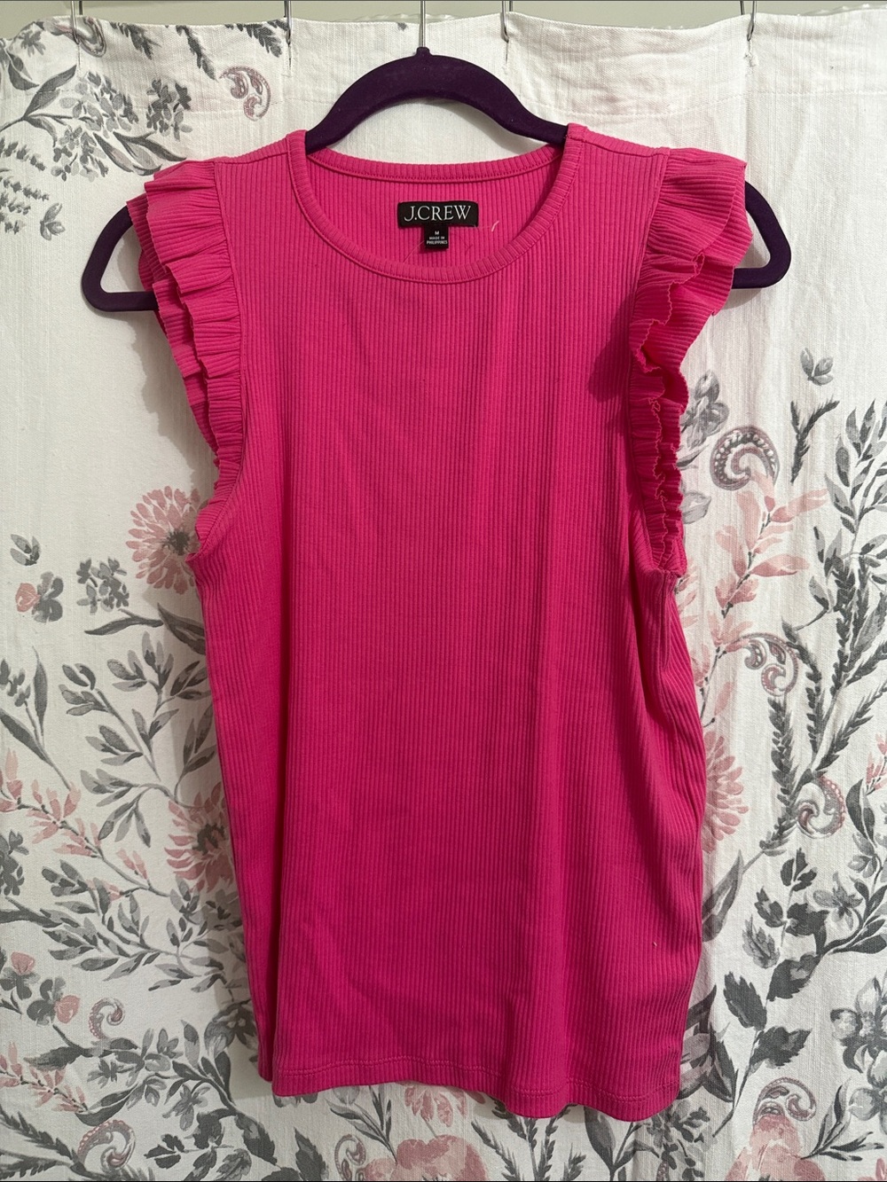 J. Crew Bright Pink Ribbed Ruffle-Sleeve Tank
